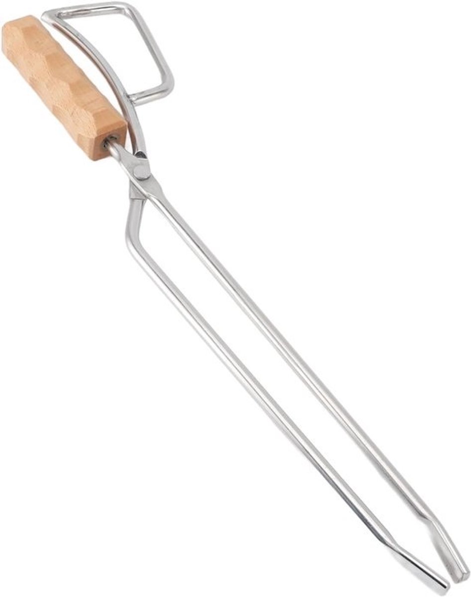 Haardtang met Houten Handvat - Vuurkorf Tang Brandhout Tang - Kampvuur Aanmaken - Roestvrij Staal - 42 cm - Zilver