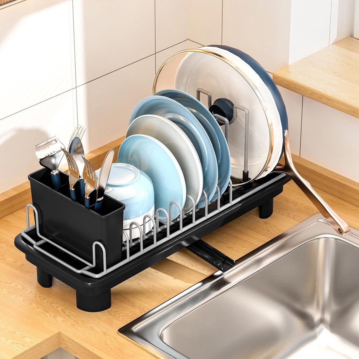 Compacte Afwasbak voor Kleine Keuken, Metalen Afwasrek met Bestekhouder en Pottenhouder, Inclusief Druipbak en 360° Draaibare Kraan