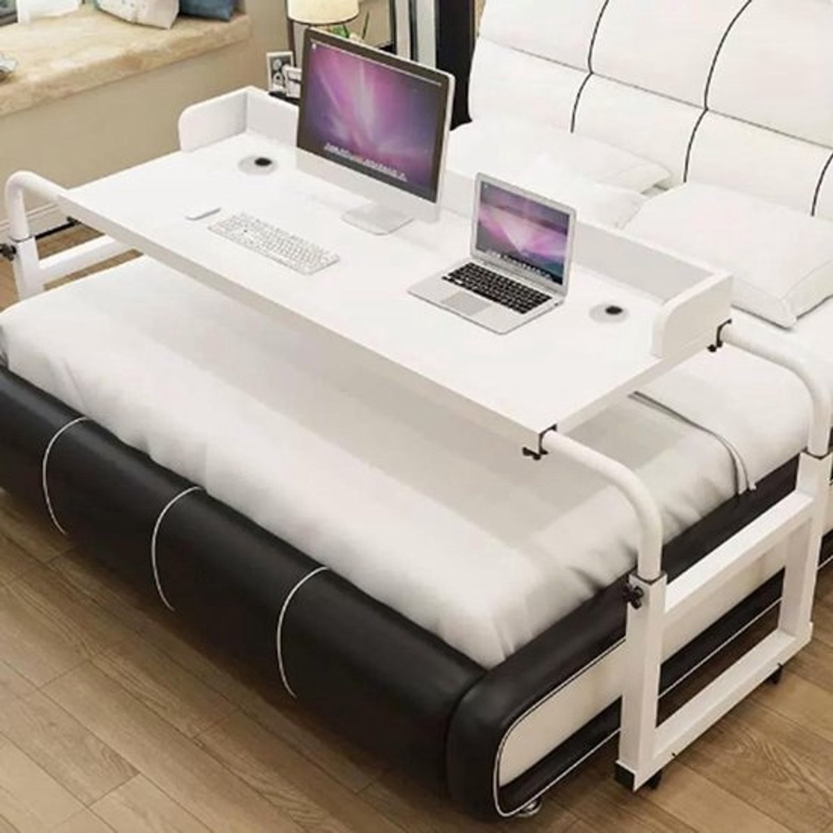 Bedtafel - Nachtkastje Laptoptafel - Werken aan Bed - In Hoogte Verstelbaar - 115-210 cm Breed - Wit