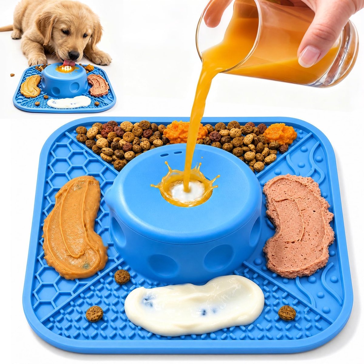 Namajunas - 2 IN 1 Hondenbak voor Vloeibare Voeding - Antislip Siliconen - Slow Feeder Likmat met Rolbal - Vloeibare Traktaties Lekschaal - Anti Schrokbak - Anti-Mors Voerbak - Voor Bottenbouillon, Hondenvoer en Vloeibare Hondensnacks