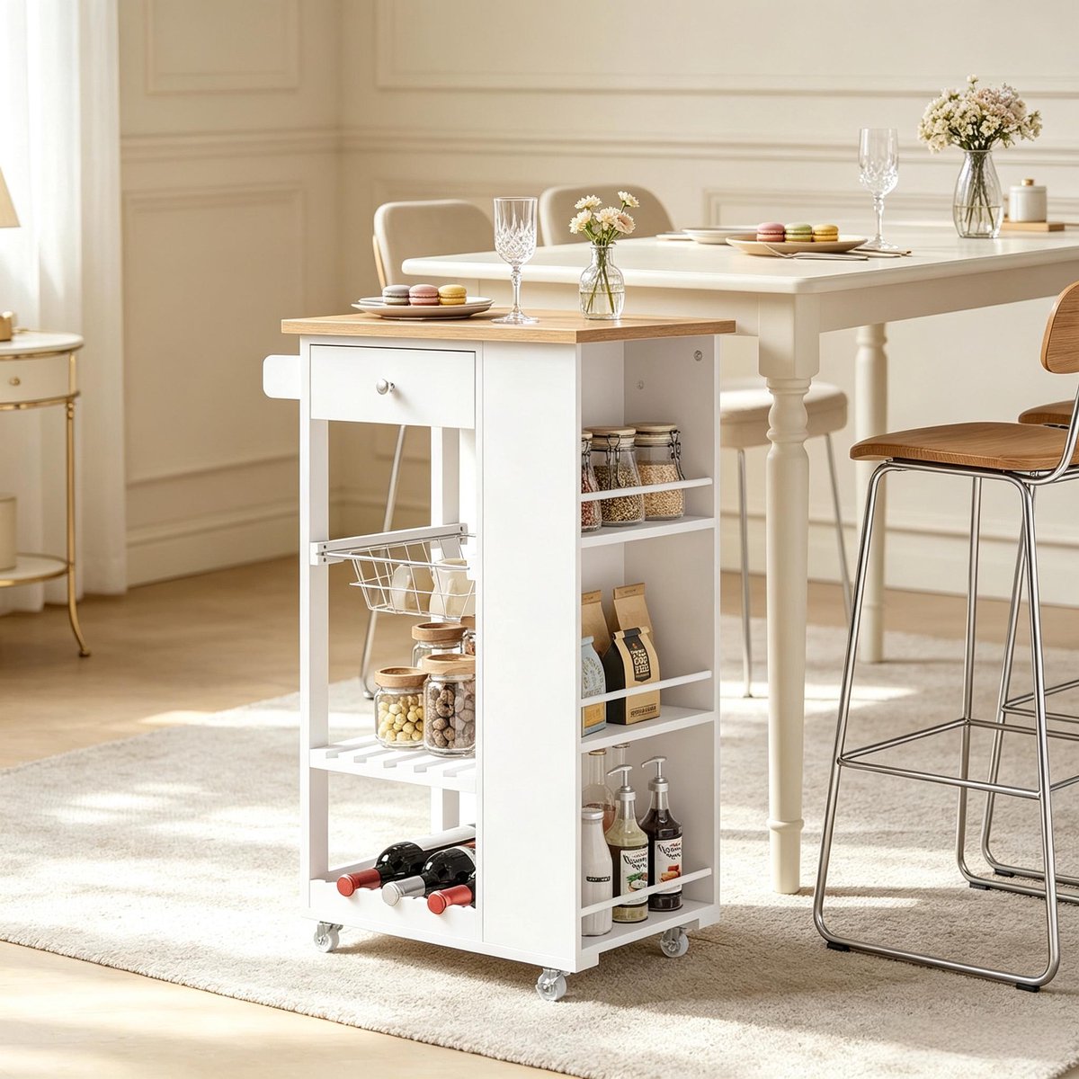 Clruro Keukenwagen - 56,5 x 37 x 87 cm - Lade en Wijnrek - 4 Wielen - MDF/Bamboe - Wit