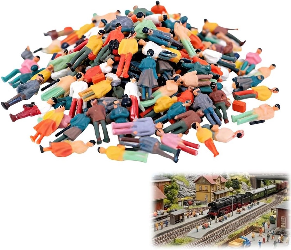 Set van 50 Miniatuur Figuren, Zittend en Staand, Kleurrijke Figuren in Diverse Houdingen voor Modelspoor en Diorama's, Plastic Mensen (Schaal 1:100)