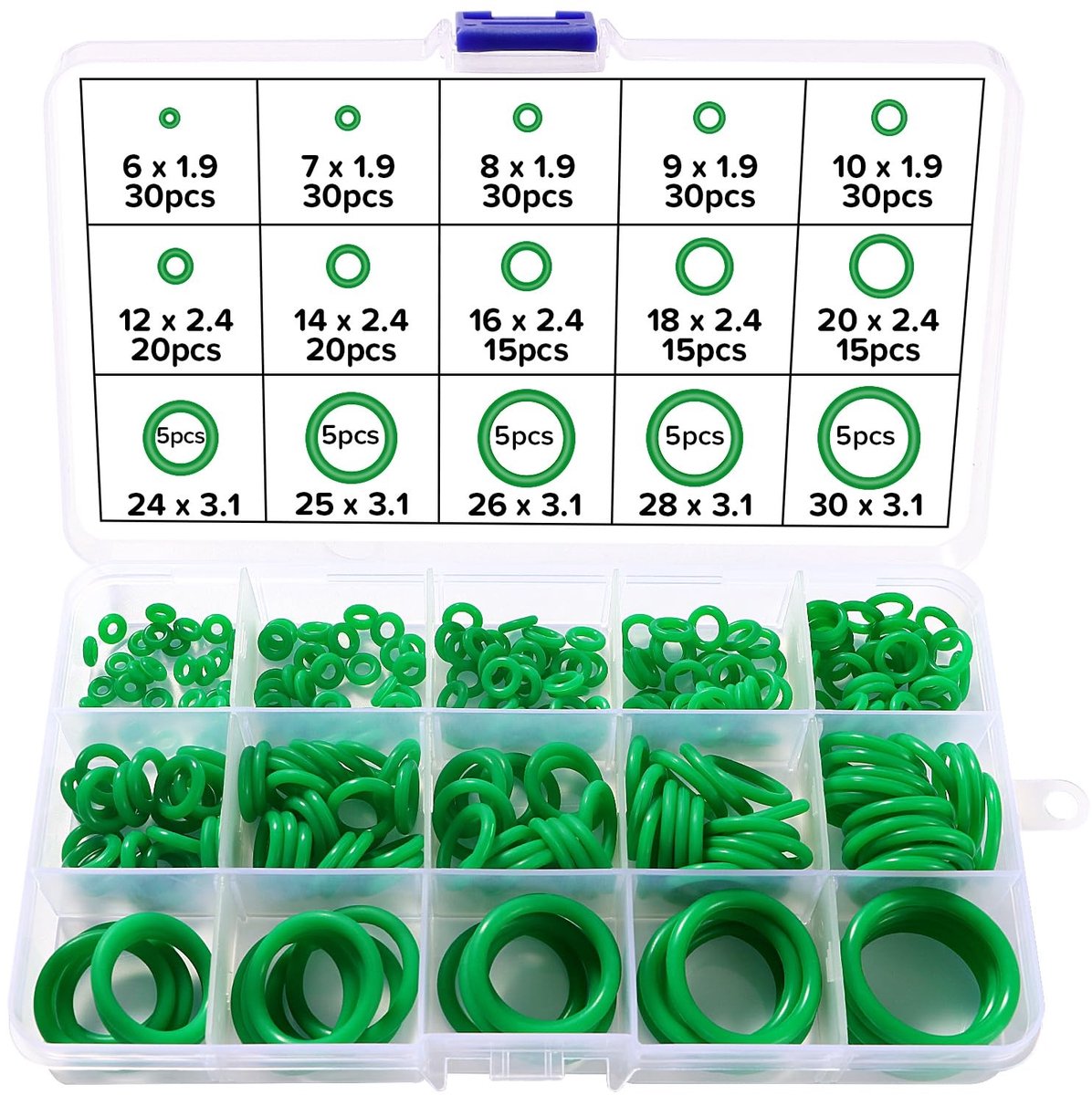 Complete Set van 260 O-Ringen in 15 Maten voor Lekkagepreventie, Auto Reparatie en Sanitair Toepassingen - Silicone O-Ring Assortiment in Groen
