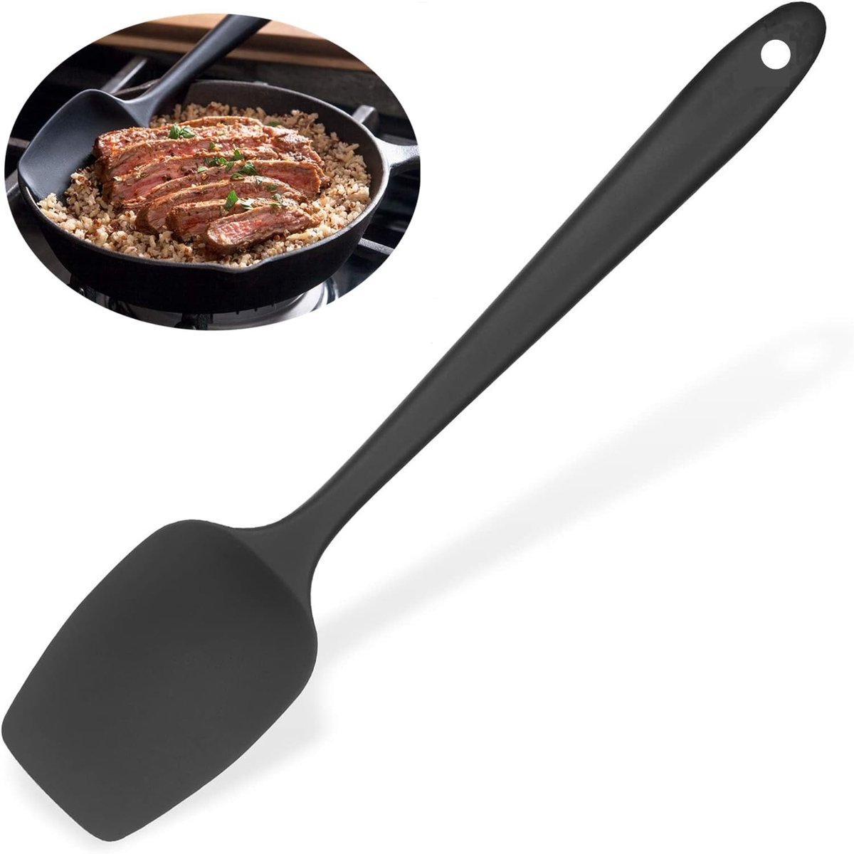 Ergonomische hittebestendige siliconen lepel, naadloos ontwerp voor koken, bakken en roeren, vaatwasmachinebestendig en eenvoudig schoon te maken (zwart)