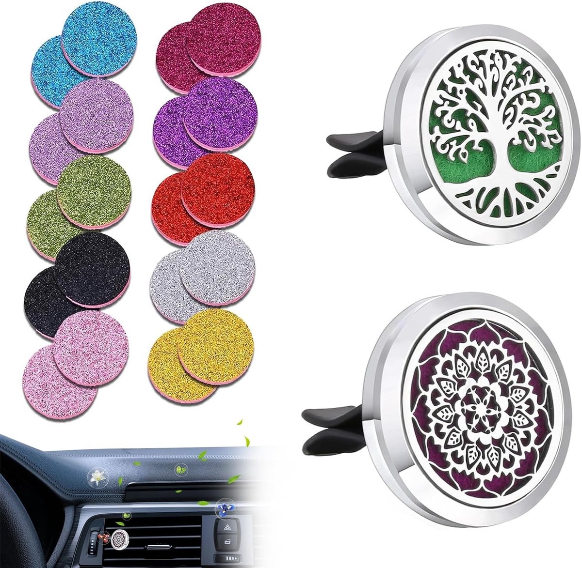 Aromatherapieverspreider voor auto - 2 roestvrijstalen eenheden met 20 oplaadbare kussens, perfect voor essentiële oliën, geurverspreiding en ontspanning onderweg