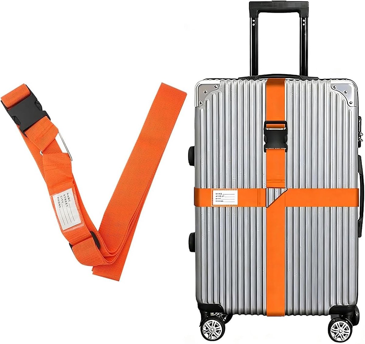 Verstelbare bagageriem voor reisbagage, 5 x 420 cm, met kruisgesp en hoge zichtbaarheid, oranje polyester veiligheidsgordel voor extra stevigheid en gebruiksgemak