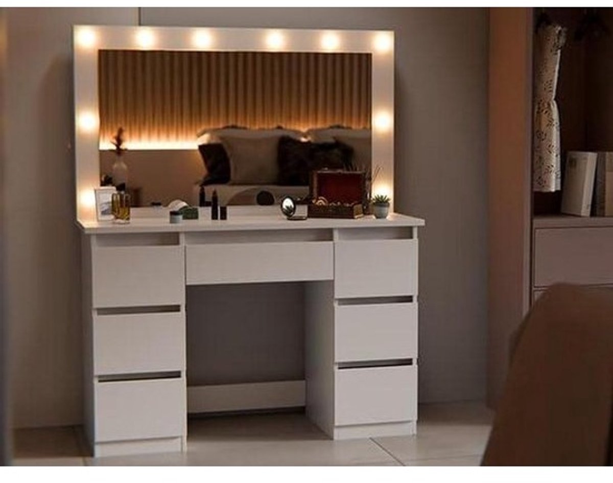 Make-uptafel met spiegel - Kaptafel bureau - Make-up aanbrengen - Individueel licht - 108 cm breed - Wit