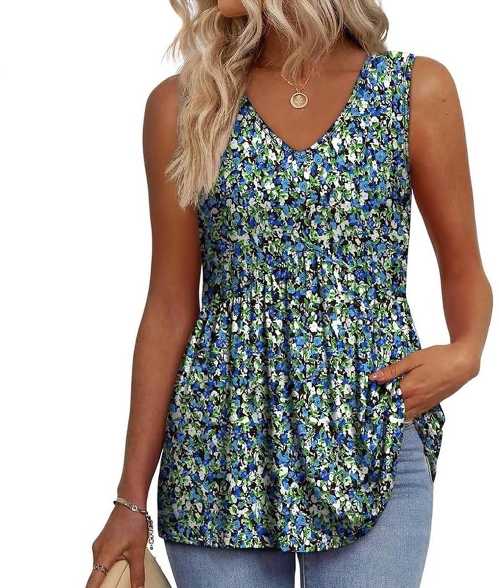 Dames Tanktop - Mouwloos V-hals Bloemmotief - Blauw