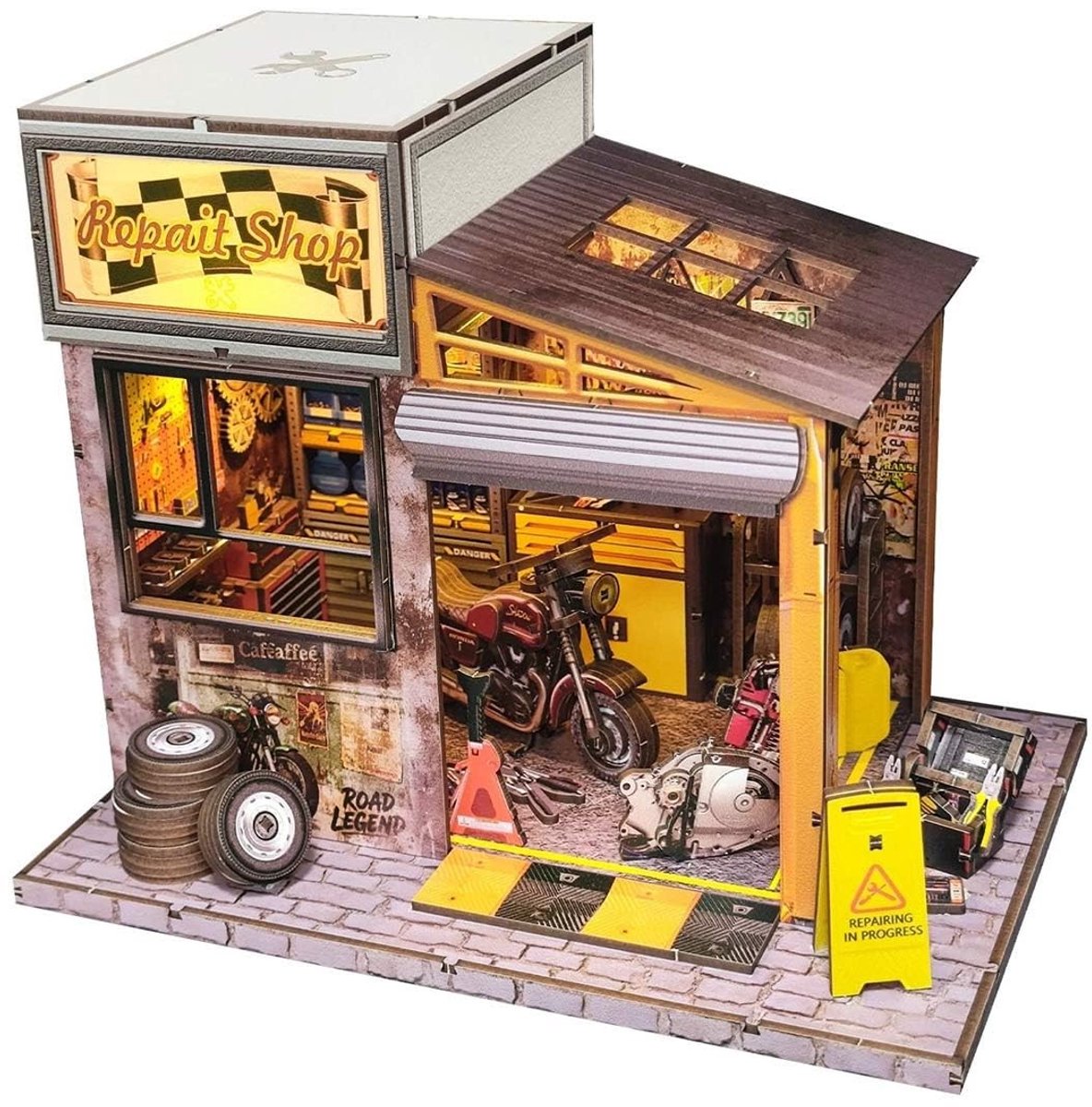 Houten Miniatuur Modelbouwset - Motorfiets Reparatiewerkplaats - 213 Stukken