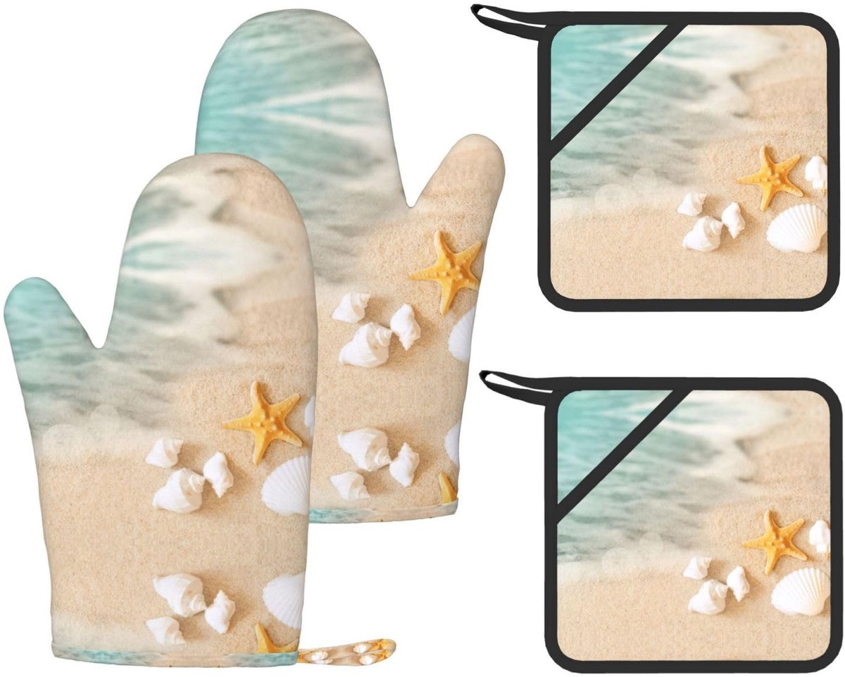 Keukenset met hittebestendige ovenhandschoenen en antislip pannenlappen - Strandschelp zeester