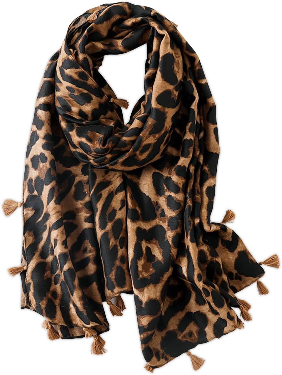 Dames sjaal met chique luipaardprint, klassieke katoen en linnen, lange mode wrap met kwastjes voor alle seizoenen