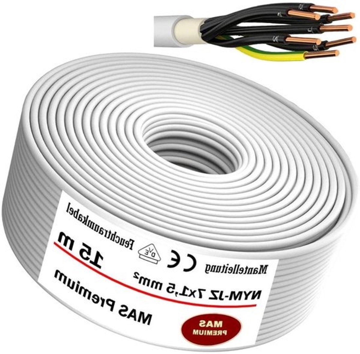 Stroomkabel Vochtige Ruimtes - Installatiekabel Elektriciteitsdraad - Vaste Installatie - NYM-JZ 7x15 mm² - 15 meter - Grijs