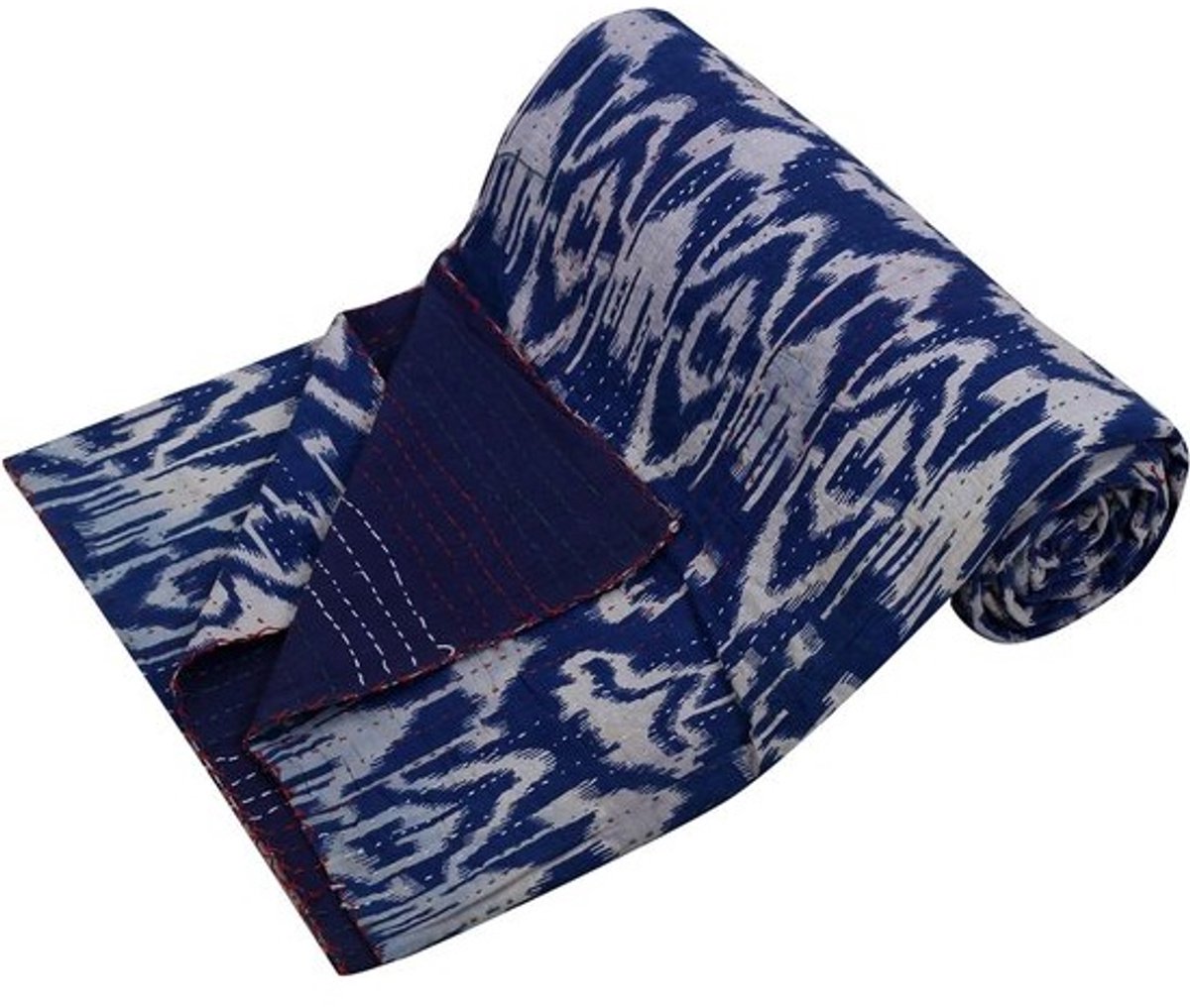 Kantha Quilt - Sprei Deken - Decoratie Woonkamer - Handgemaakt Borduurwerk - 60x90 Inch - Blauw Rood