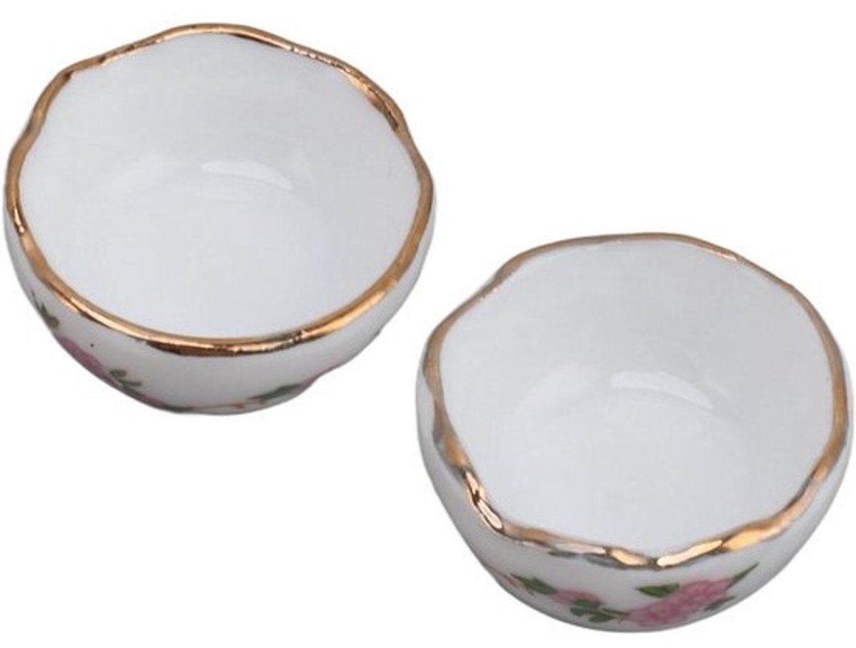 Poppenhuis Kom - Miniatuur Servies - Poppenhuis Decoratie - Keramisch met Bloempatroon - 8 Stuks - Wit