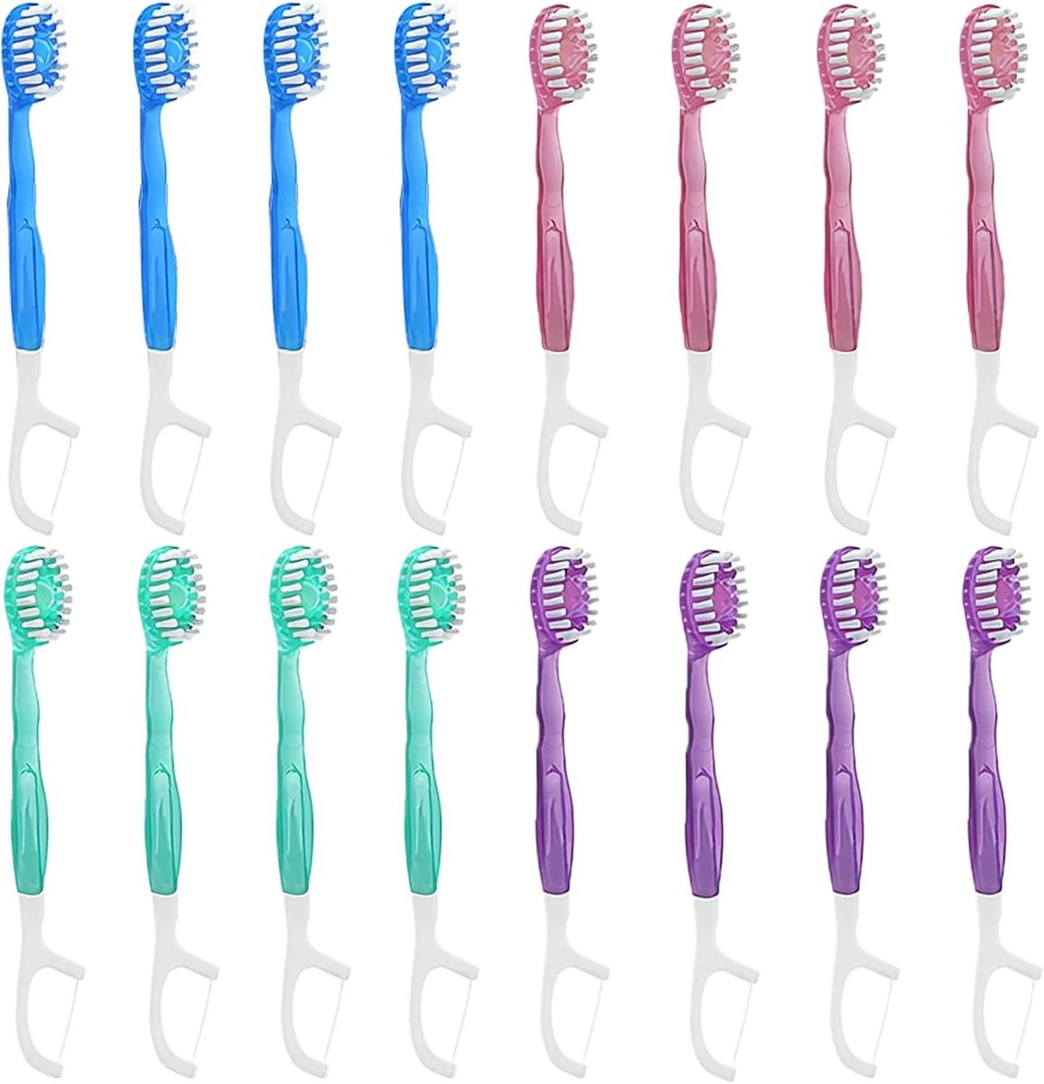 Verpakkingen van 16 wegwerp tandenborstels met 5-in-1 functies: flosser, tongschraper, en tandenstoker, voor frisse adem en verschillende smaken zoals Sakura, perzik, groene thee en munt