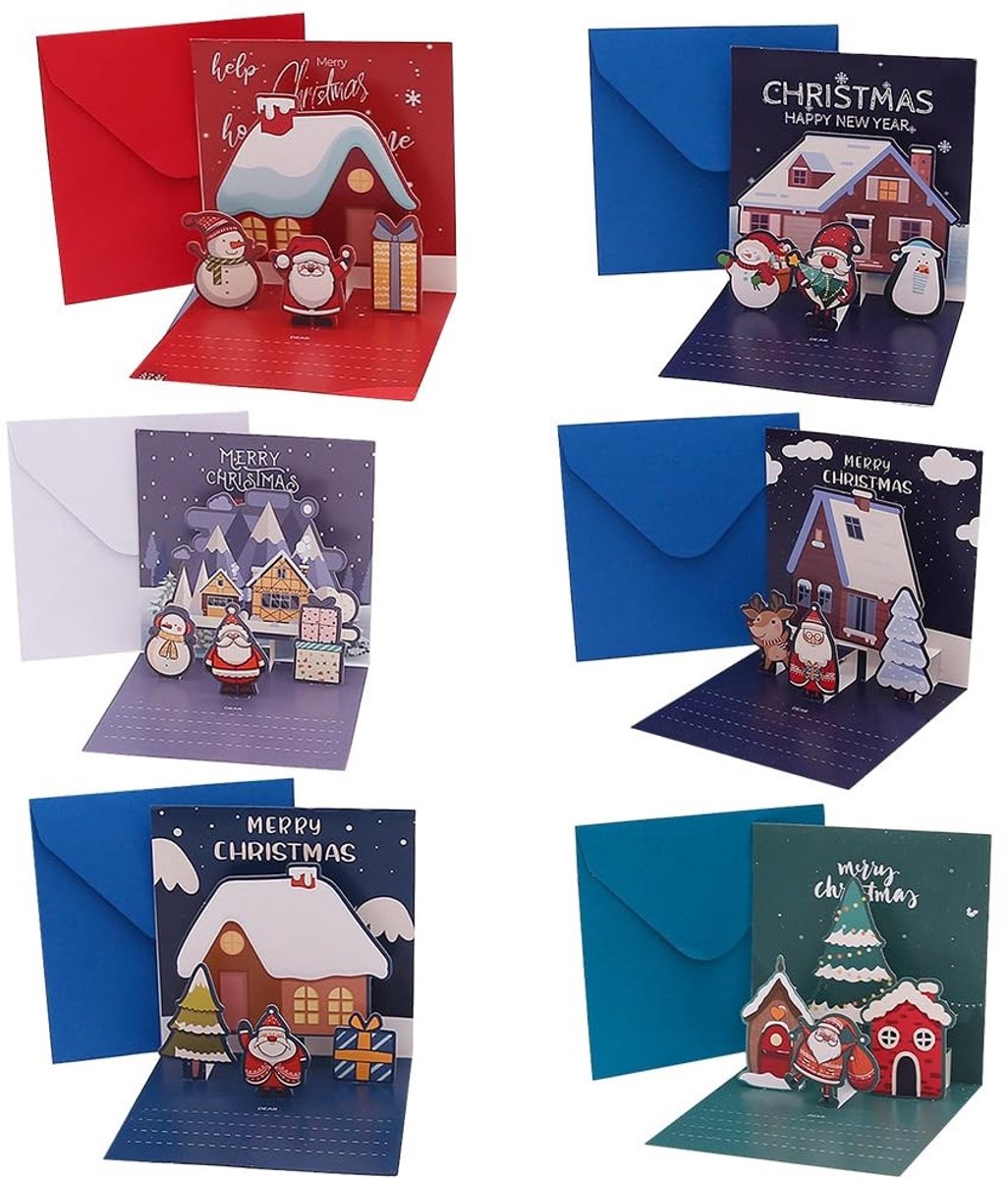 3D Kerstkaarten - Handgemaakt met 6 enveloppen - 11 x 11 cm