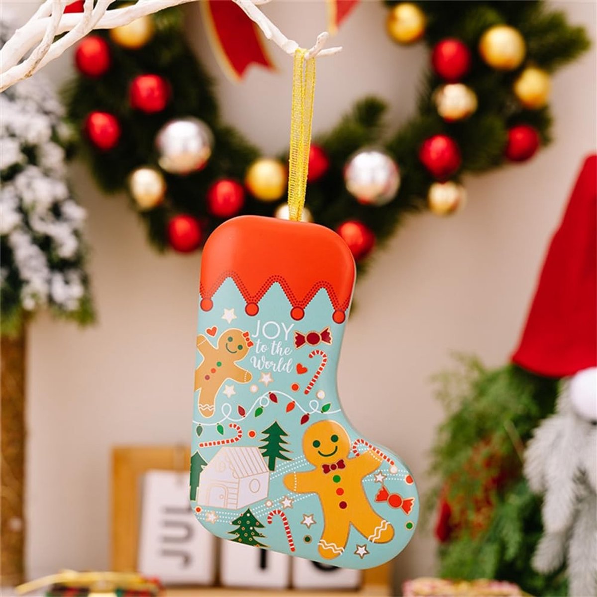 Kerst tinnen koekjestrommels - Hangende sokvormige snoepdozen