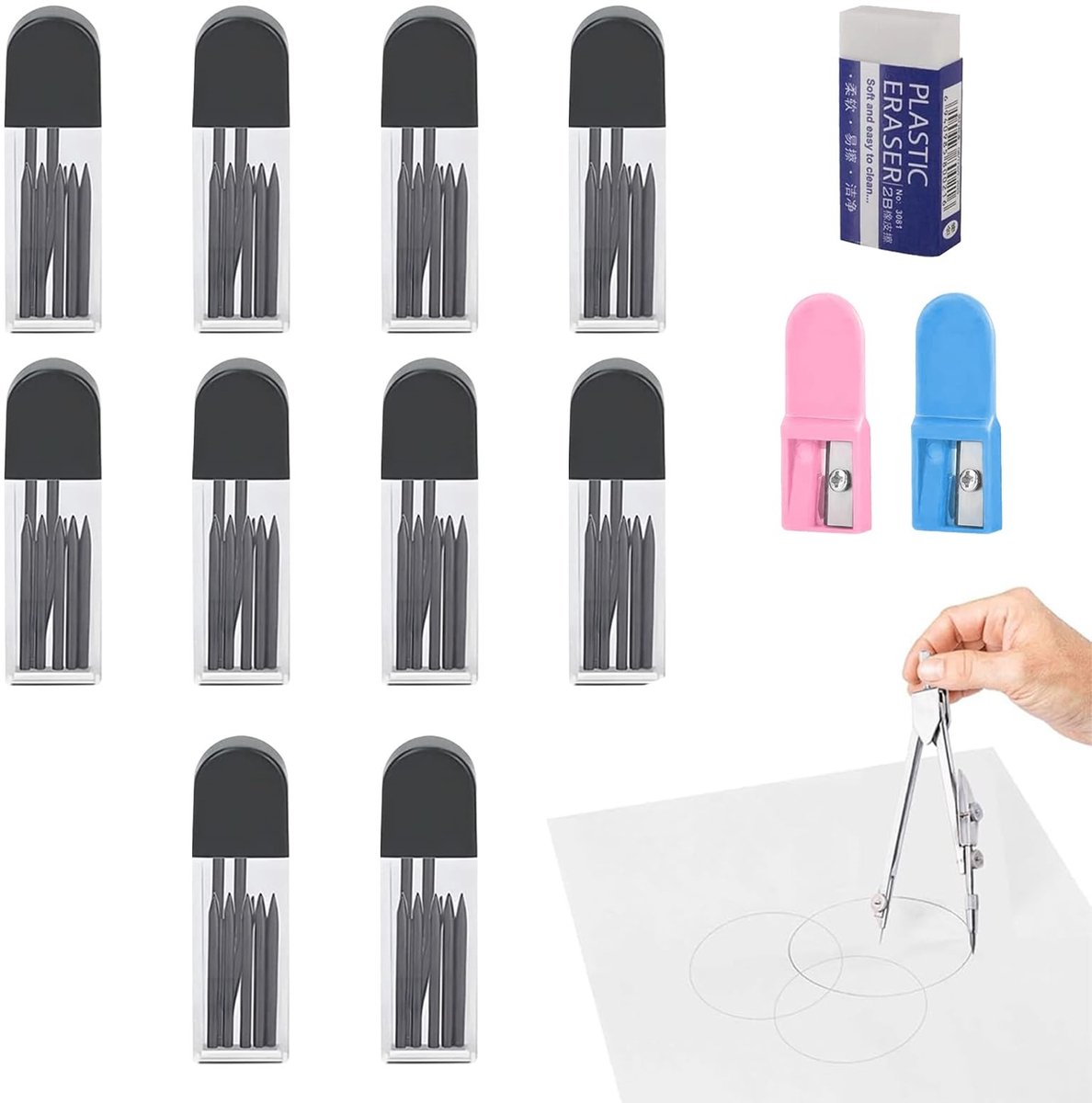100 Stuks Kompasvullingen met Puntenslijpers en Gum - 2 mm