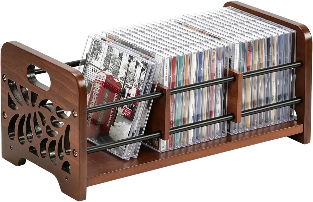 Houten CD-standaard voor opslag van CD's en DVD's, ruimtebesparende cd-shelf en opbergdoos
