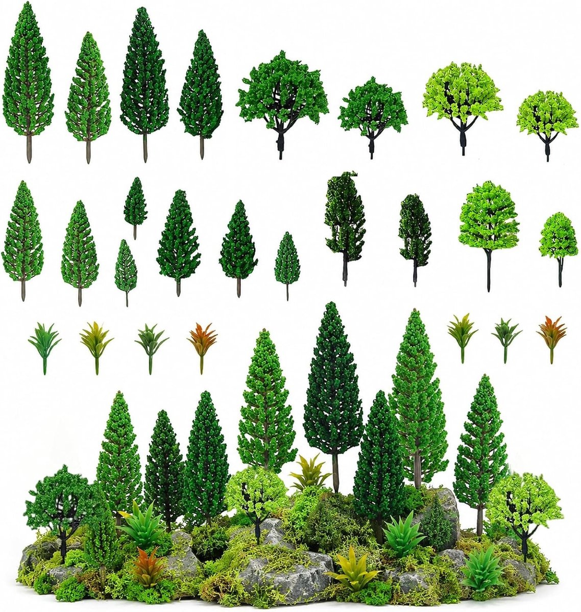 Set van 40 Modelbomen, 4.5-16 cm Hoog, Gemengde Boomsoorten voor Modelbouw en Diorama's