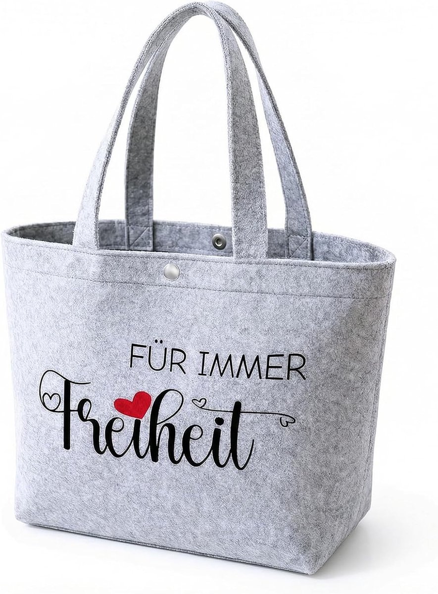 Grote Grijze Vilt Shopper 42 x 30 x 25 x 12 cm met Drukknoop en Tekst voor Pensioen, Cadeau voor Mannen en Vrouwen, Duurzaam en Stijlvol Geschenk