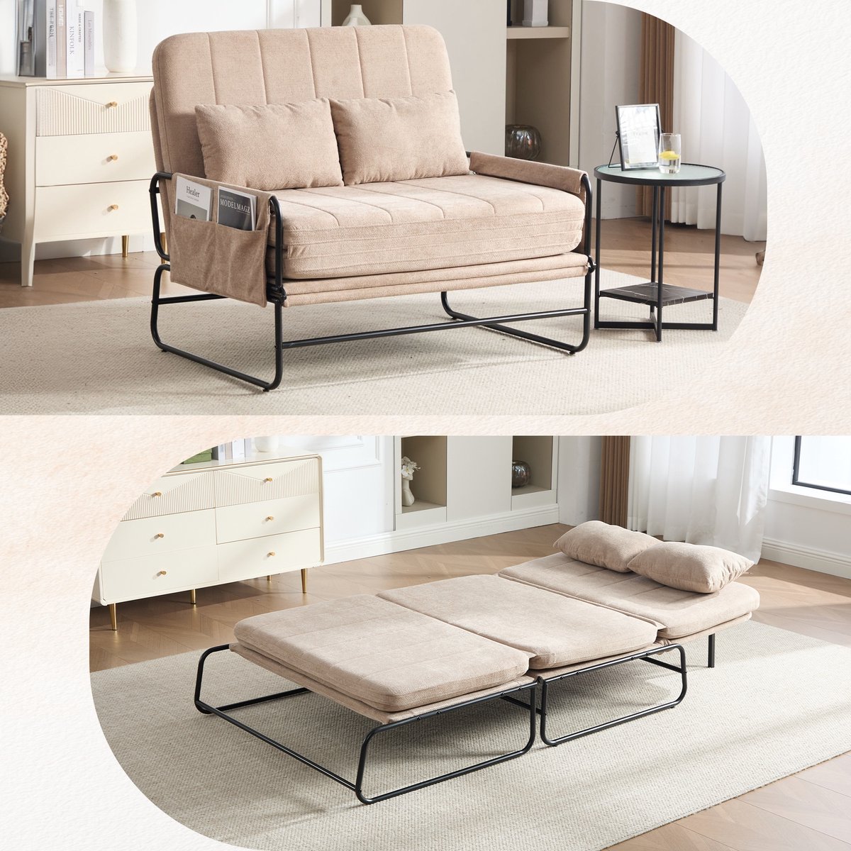 Ombouwbare 2-persoons slaapbank - metalen frame - opbergruimte aan de zijkant - moderne chenille bekleding - ideaal voor thuiswerken, woonkamer en appartement - kaki kleur