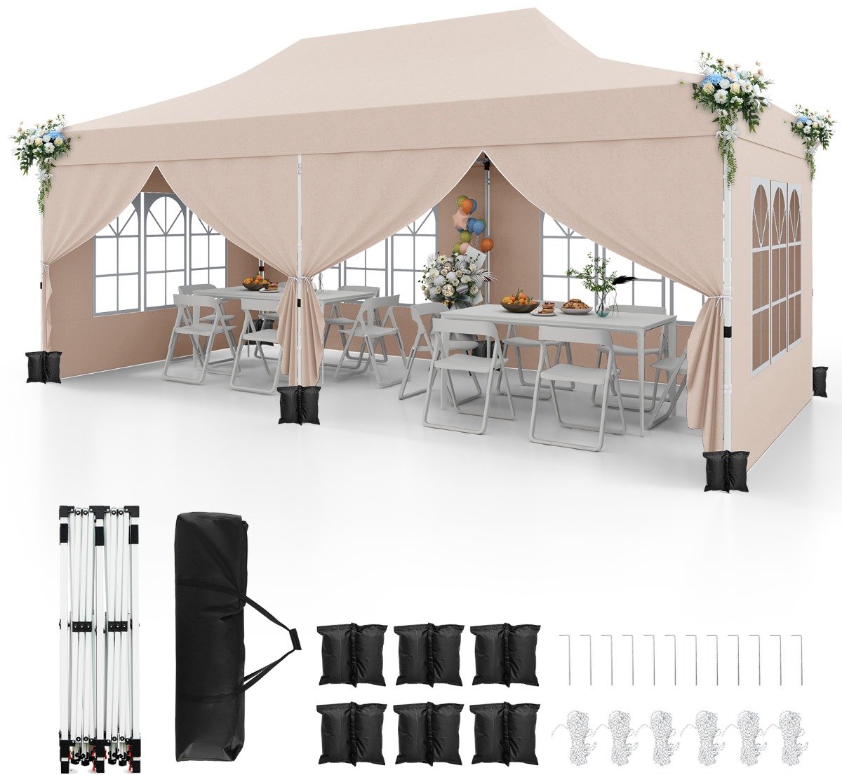 SureDeal® - Partytent - Afneembare Zijwanden Paviljoen - Draagtas - UPF Tuinpaviljoen - Feest Bruiloft - 600x300x296 cm - Beige