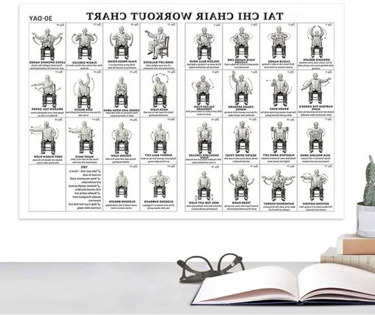 Stoel Workout Schema - Zittrainingsgids Poster - Thuis Fitness - Minimaliseert Reflectie - 45x30cm - Niet gespecificeerd