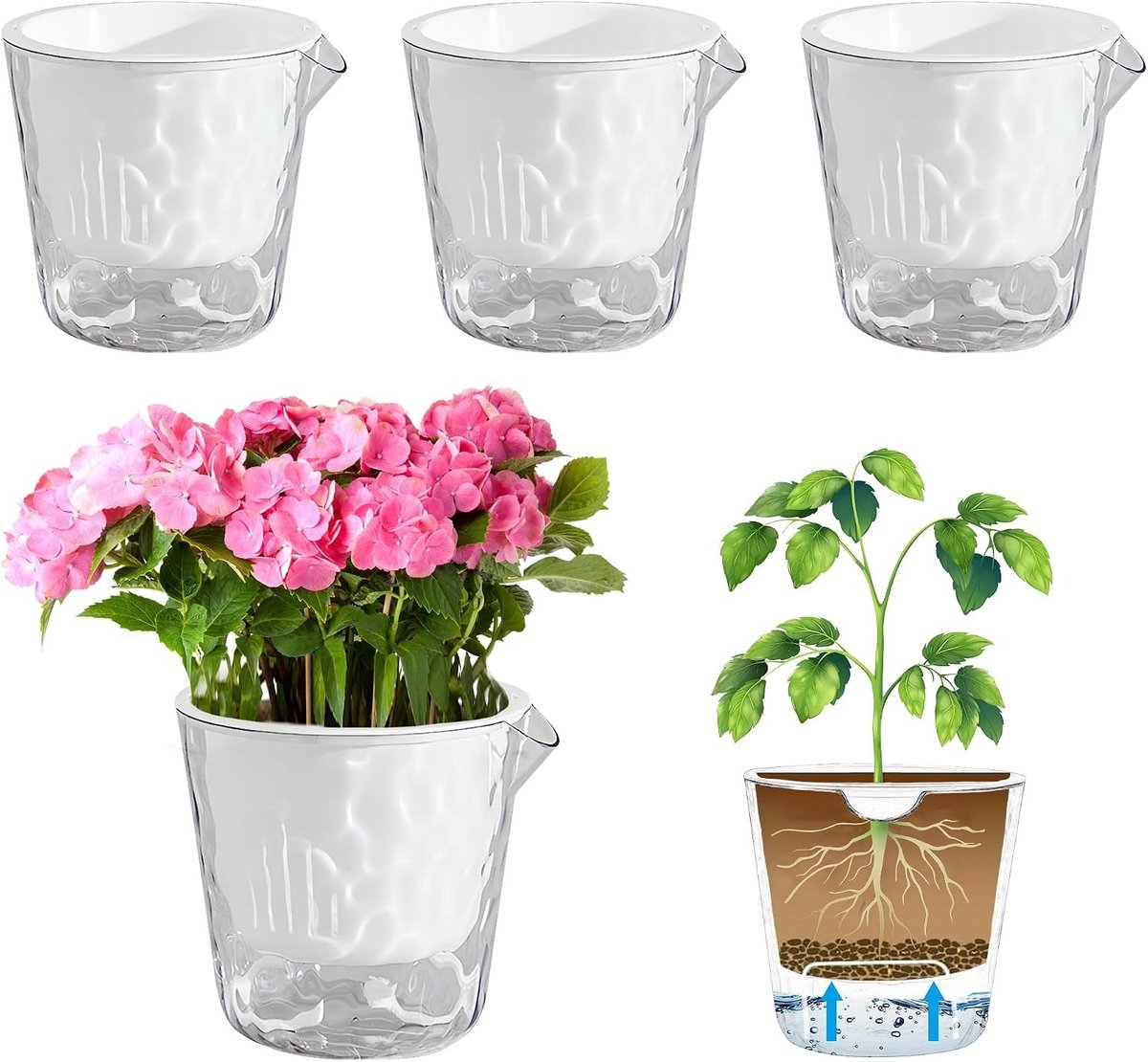Set van 4 Zelfwatergevende Plantenpotten - 18cm Plastic Potten voor Binnen en Buiten met Duidelijke IJslook voor Kruiden en Vetplanten