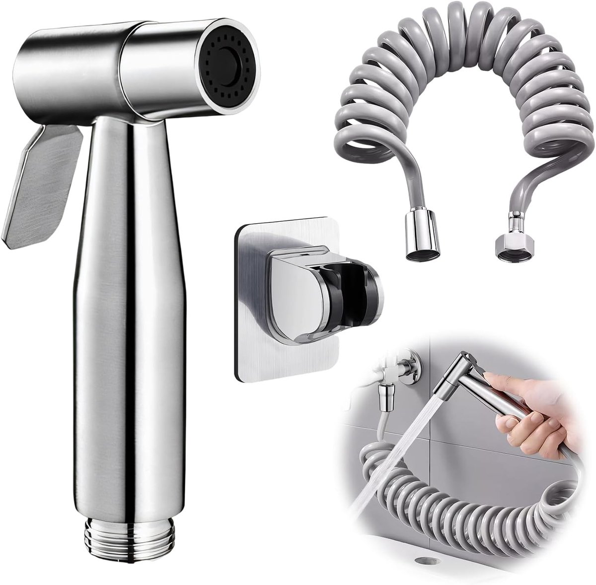 Complete douche set met handdouche, 1.5 m slang en houder voor toiletdouche, roestvrij staal