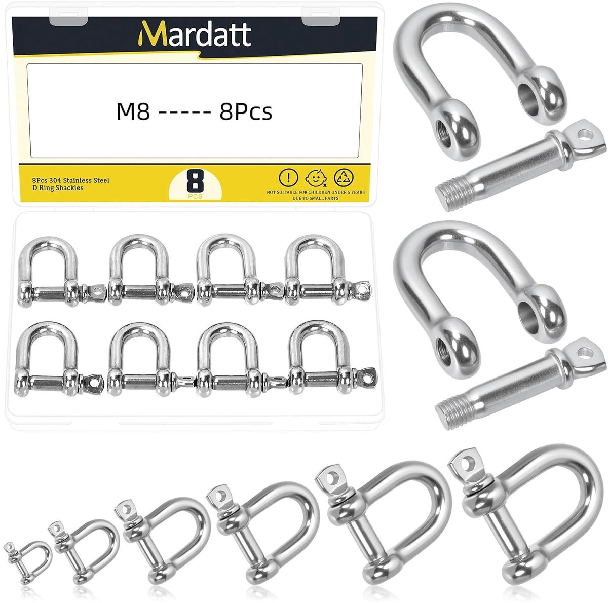 8 Stuks M8 (5/16") RVS D Ring Shackles met Schroefpen, Geschikt voor Zware Touwtrektoepassingen en Outdoor Camping, Ideaal voor Lifting en Bevestiging