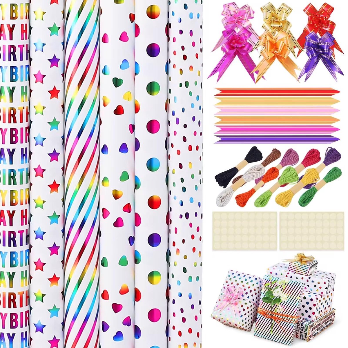 Geschenkverpakking - 6 Rollen Kleurrijk Cadeaupapier