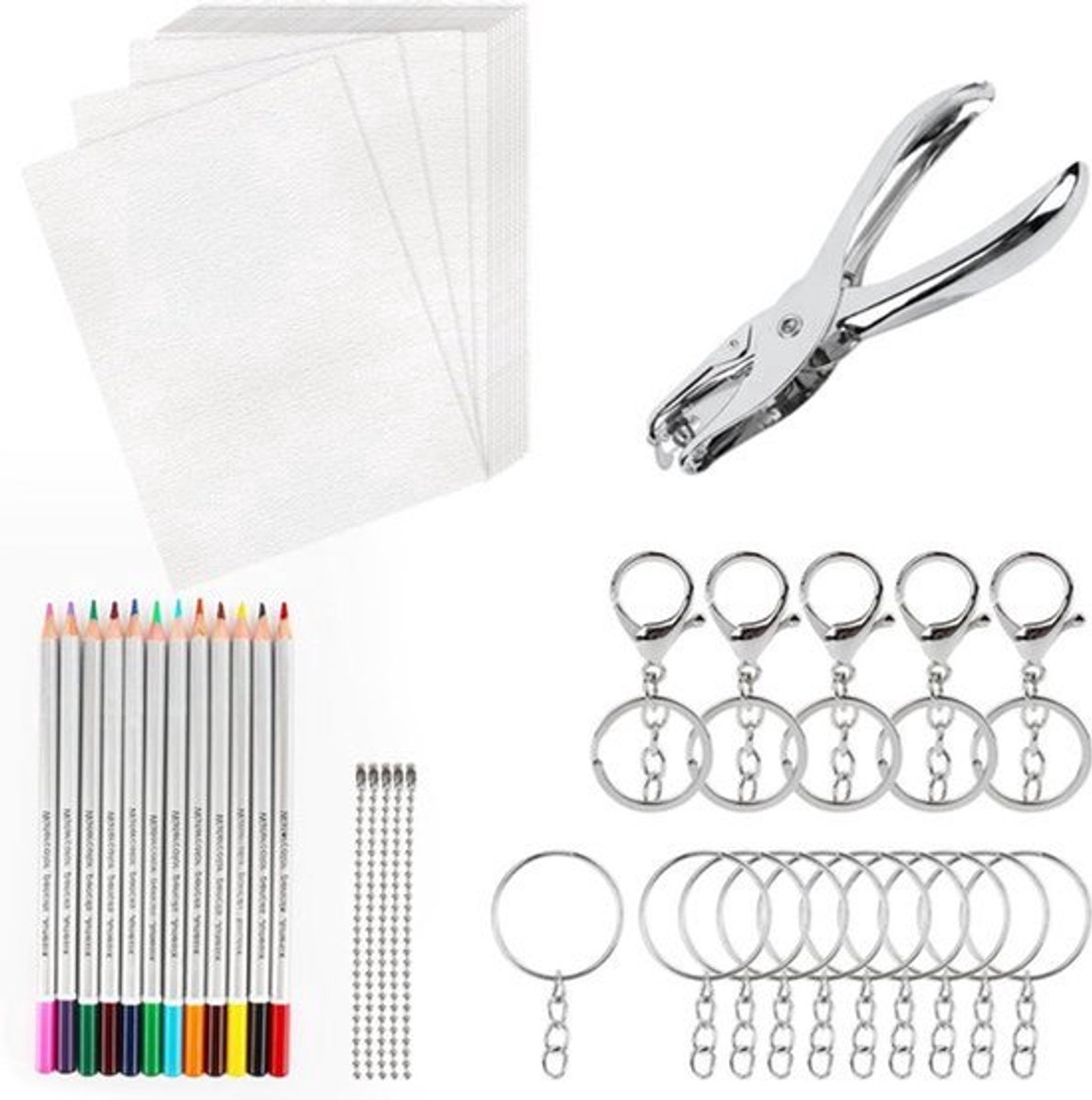 Krimpfolieset voor doe-het-zelf handwerk - Warmte plastic vellen kit met kunstdrukpapier en sleutelhangeraccessoires - Bevat 20 stuks
