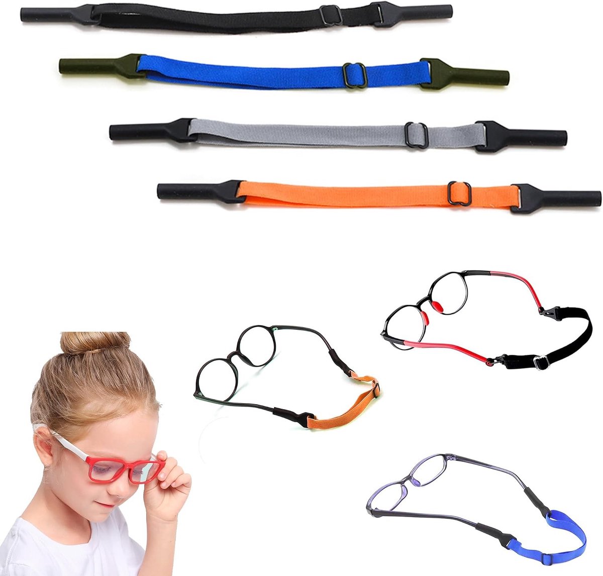 Verstelbare brillenkoord in meerdere kleuren voor kinderen - Geschikt voor sport, lezen en zonnebrillen - 5 mm gatdiameter - Set van 4