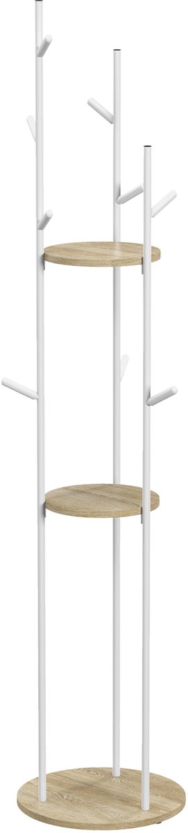 Garderobe entree van staal- modern kledingrek met 9 haken en 2 planken - robuust en ruimtebesparend - Ø 40 x 167 cm, naturel en wit