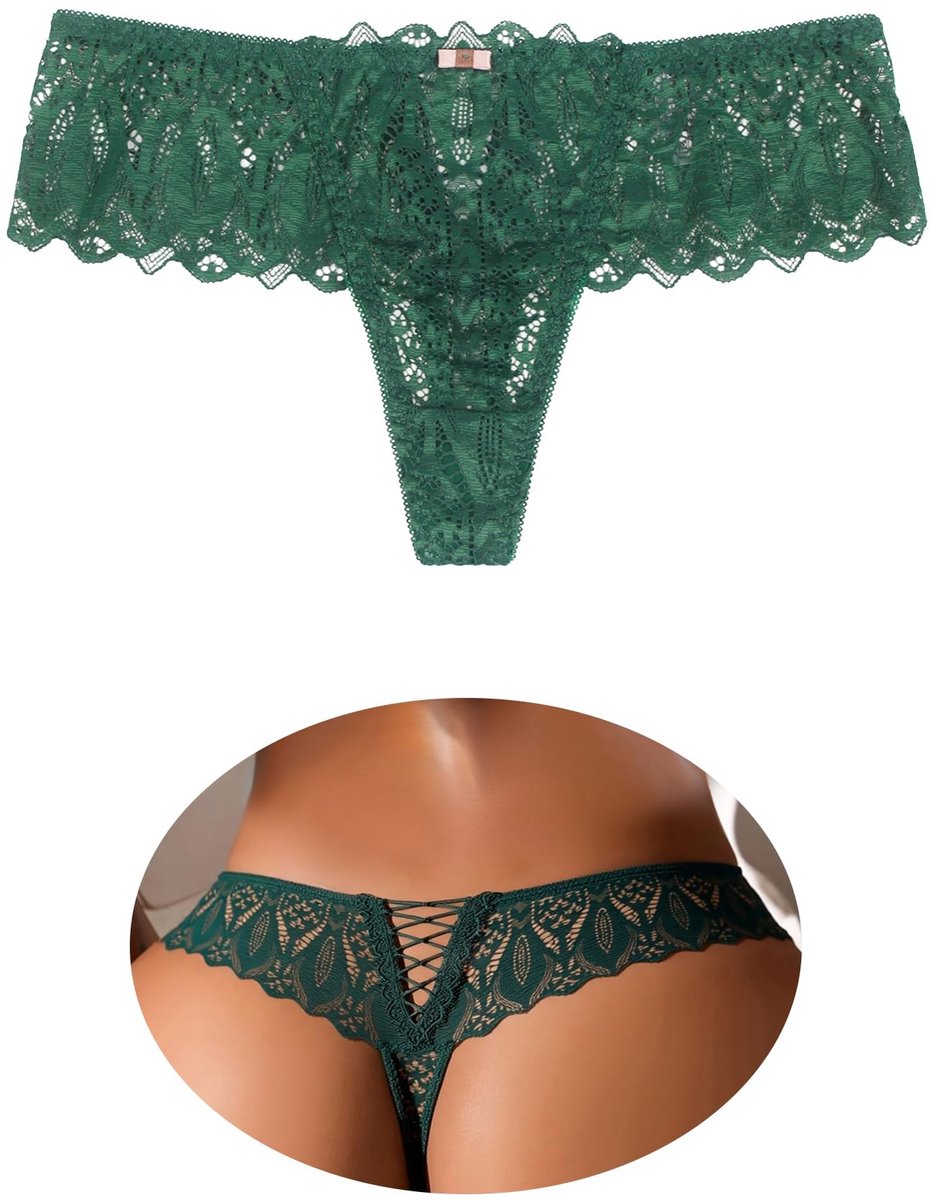 Braziliaanse Lace Thong Dames Ondergoed - Groen met Kruisontwerp