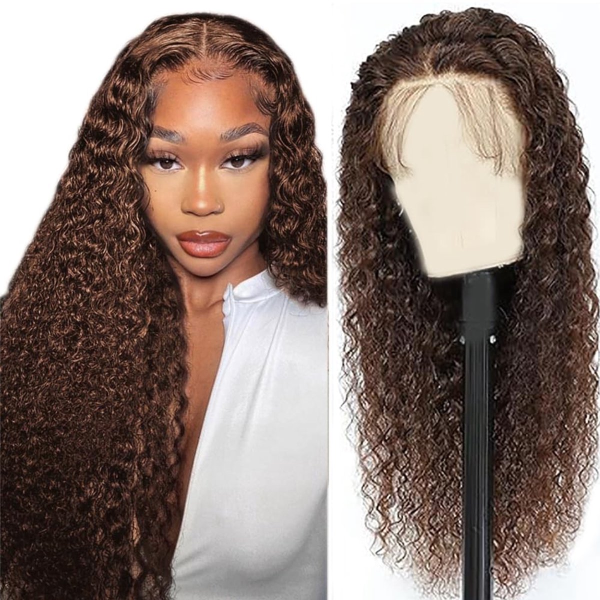 Pruik van echt haar - Chocoladebruin watergolf 32 inch