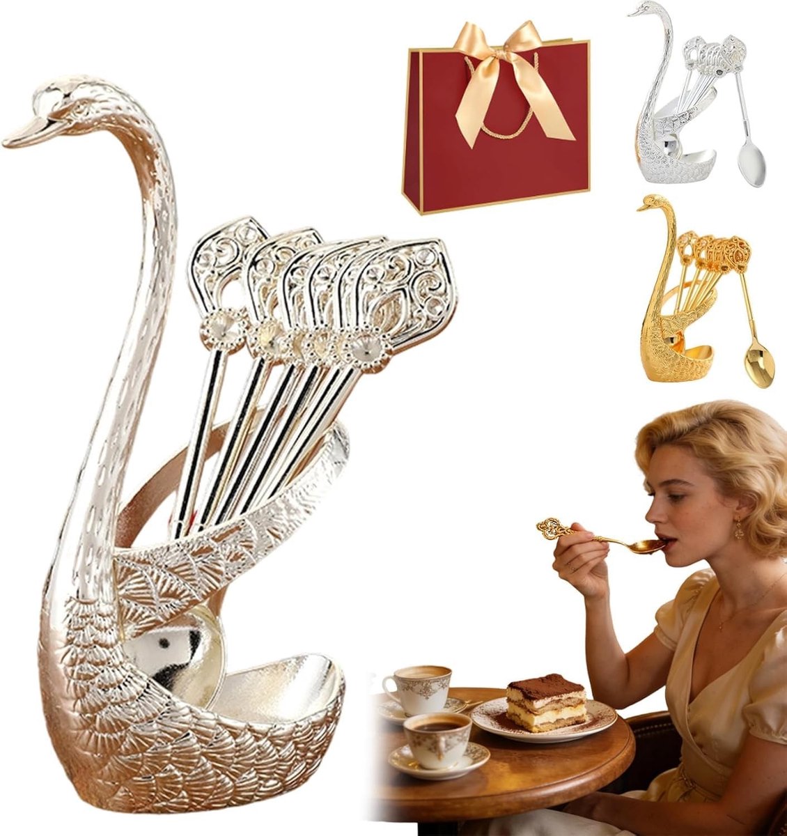 Set van 6 Theelepels met Zwanenhouder - Decoratieve Tafelaccessoire - Zilver