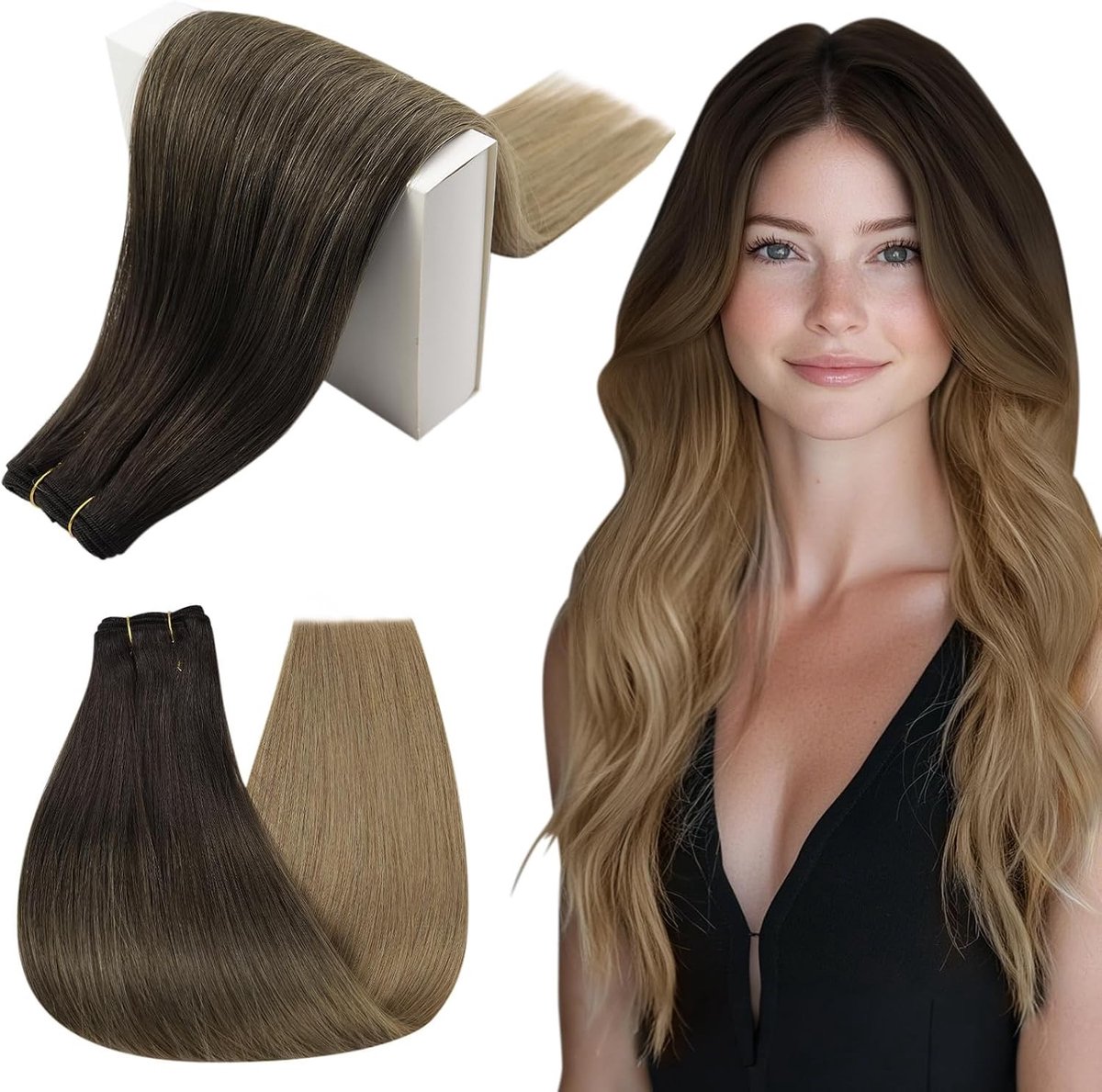 Weft Hair Extensions van Menselijk Haar in Balayage Donkerbruin Ombre met Medium Bruin en Asblond 20 Inch 100g #2/6/18 - Natuurlijke Look en Gemakkelijk te Stylen