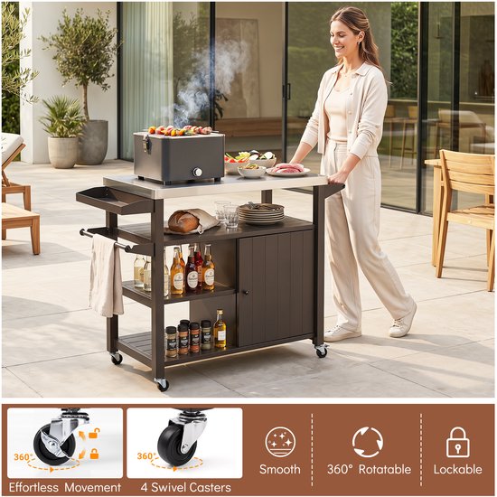 SureDeal® - Barbecue - Grillwagen Wielen Grilltafel - Roestvrijstalen Serveerwagen - Planken - Kast - Kruidenrek - 116x50x87 cm - Bruin van SureDeal® — afbeelding 5
