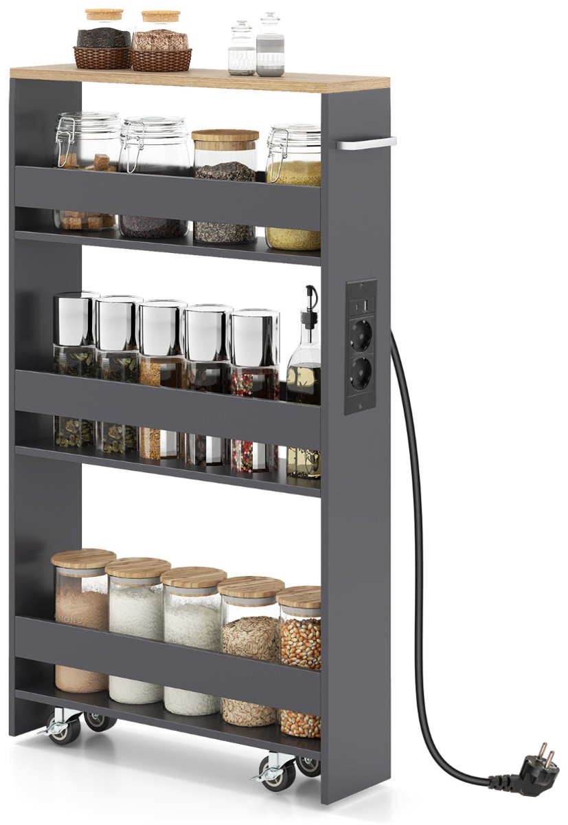 SureDeal® - Keukentrolley - Ultradunne Opbergkar - Oplaadstation 4-laags Keukenkar - Handgrepen - 47,5x13x80,5 cm - Grijs