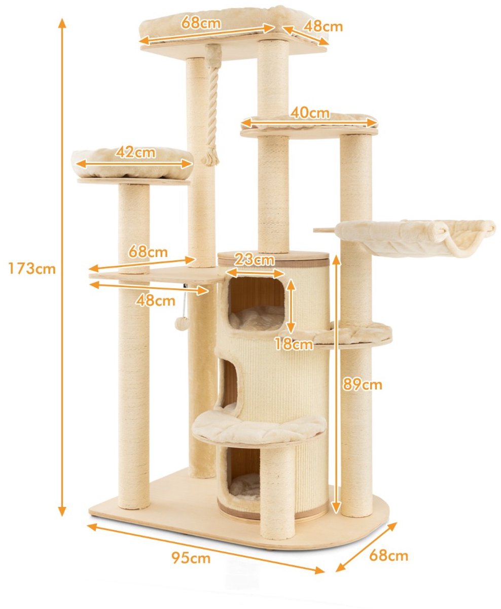 SureDeal® - Dier - Multi Level Houten - Niveaus - Zitstokken - Krabpaal - Platform - Springbal - Ophangkoord - Meubilair - 95x68x173 cm - Beige