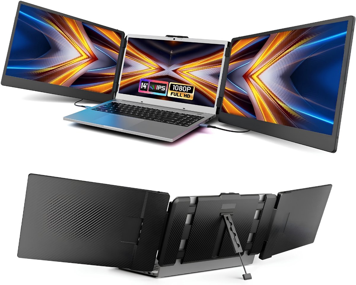 KIRA® Portable Monitor - Full HD Portable Display voor MacBook & Windows - 14 inch Drievoudig Scherm - Zwart - 35cm x 21cm x 4cm