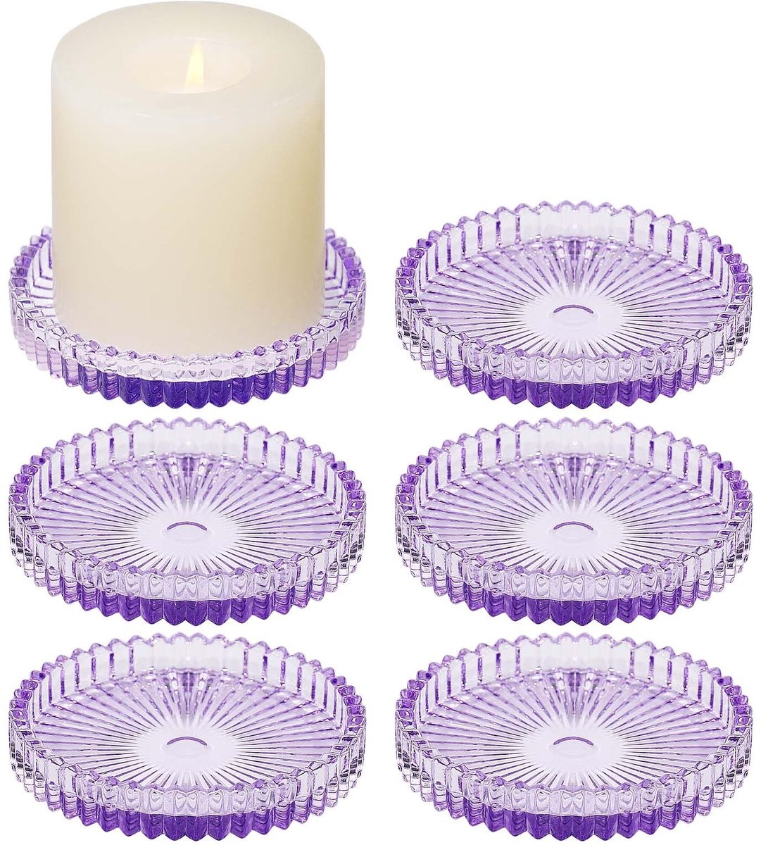 Glazen Kaarsenplateaus - Set van 6 - Paars - 10cm