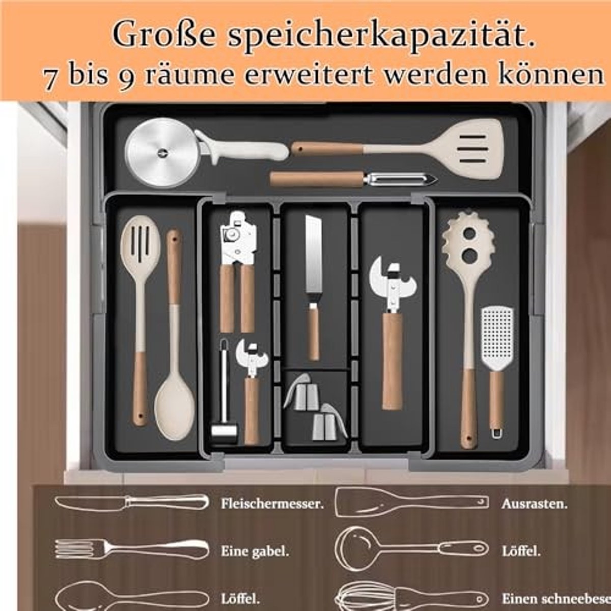 Uittrekbare Bestek Organizer - 5 Compartimenten - Zwart