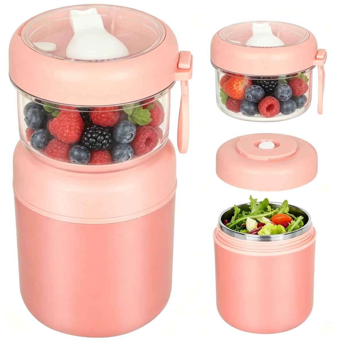 Muesli beker met twee compartimenten - 530 ml en 330 ml - Roze