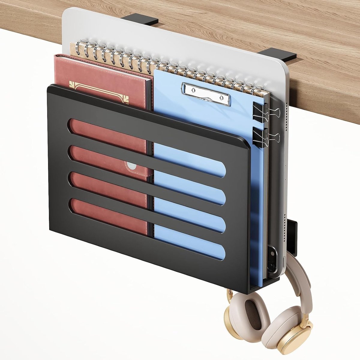 Opberghouder voor onder het bureau met hoofdbellenhaak, tijdschriftenhouder en carbonstalen clip, ideaal voor een georganiseerde werkplek