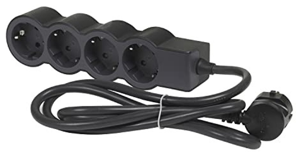 Platte stekkerdoos met 4 uitgangen - Zwart/donkergrijs - 3 m kabel