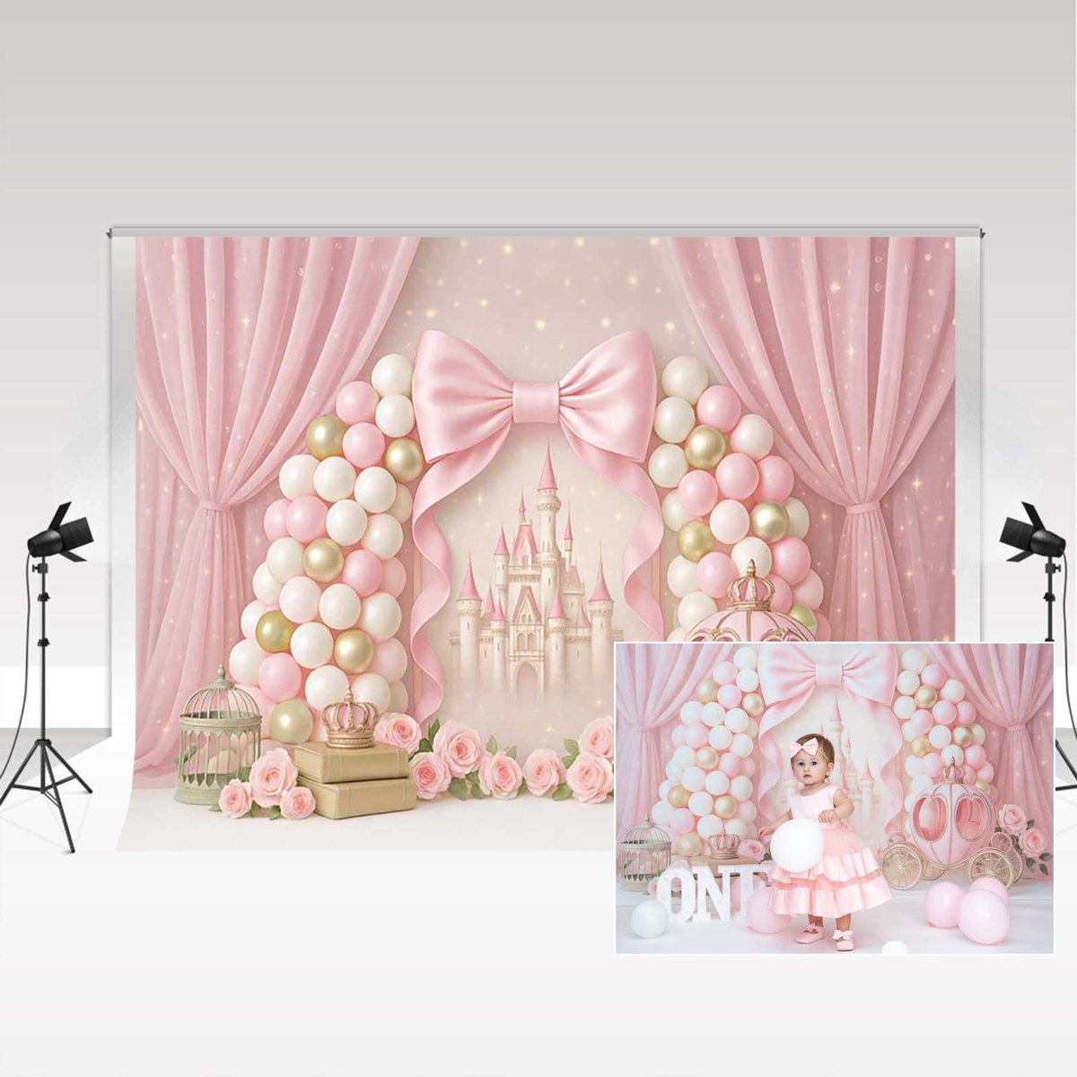 Fotografie Achtergrond - Roze kasteel met ballonnen - 220 x 150 cm