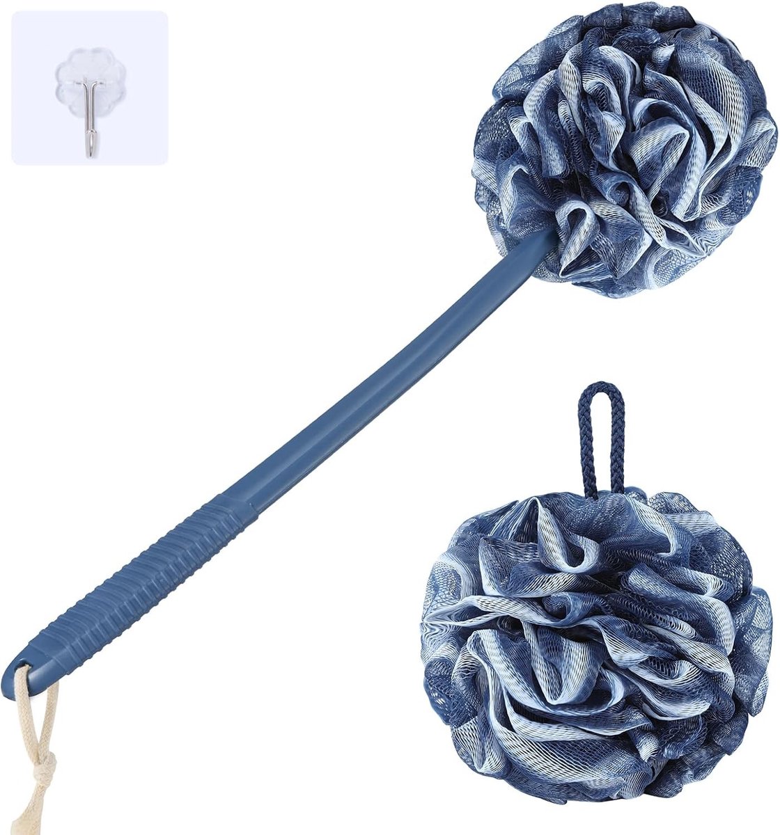 Loofah Spons Set met Antislip Handvat van 43 cm, Zachte PE Mesh Douche Sponzen voor een Verfrissende Doucheervaring - Donkerblauw met Witte Rand
